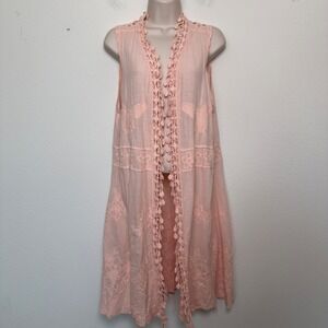 Women Cardigan Duster Pink Large Butterfly Embroidered Crochet Boho Western